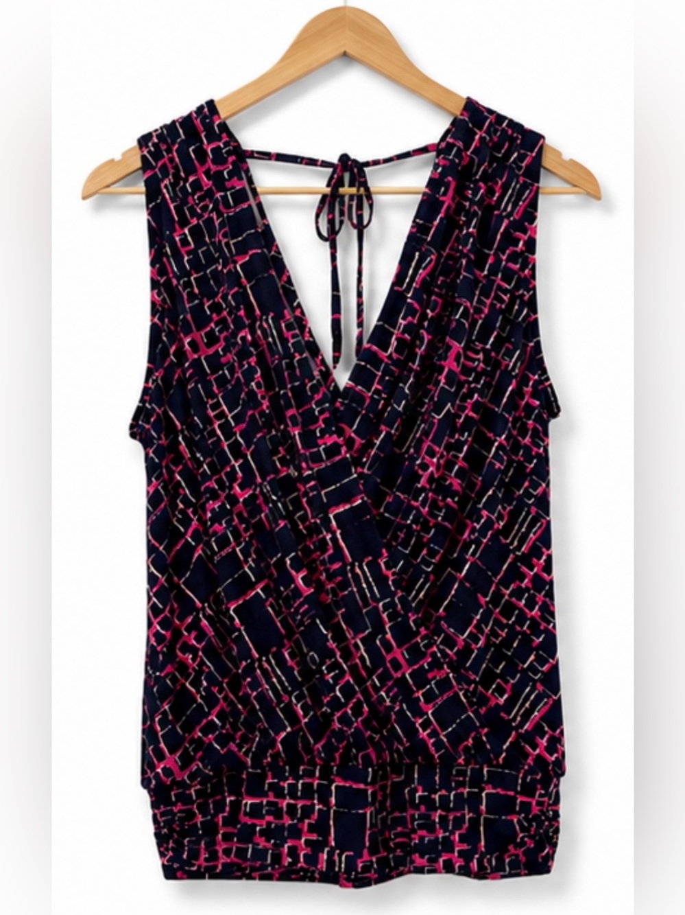 Veronica M Surplice Sleeveless Blouse Navy Pink Geometric Print M